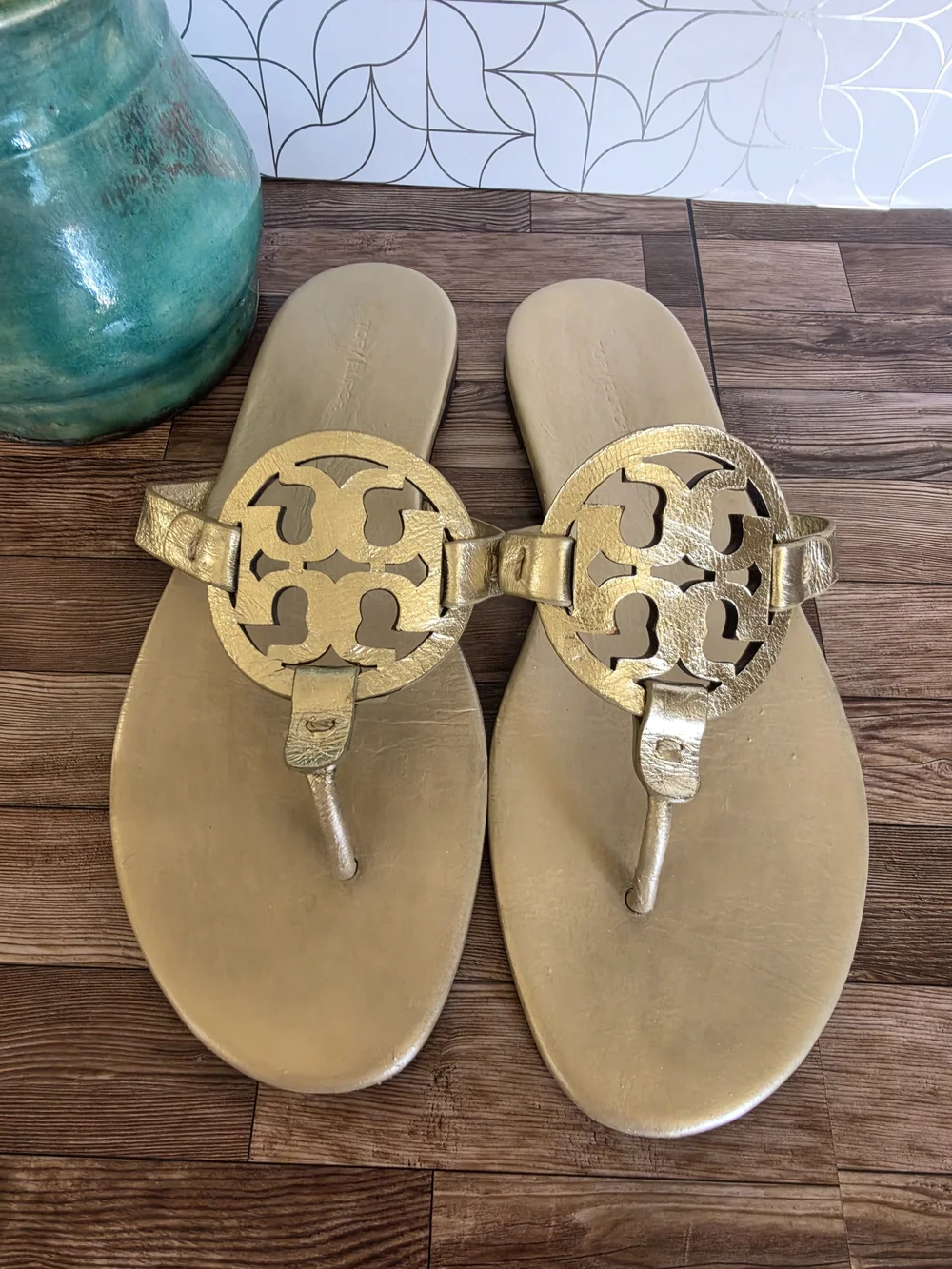 Tory Burch Metallic Gold Logo Thong Sandals